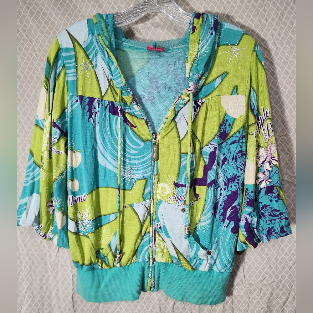 Vintage Y2K Apple Bottom Short Sleeve  Colorful Abstract Zip-up Jacket Women's M